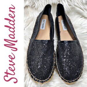 STEVE MADDEN LUNAH BLACK SPARKLE PLATFORM ESPADRILLE LOAFER SLIP ON, SIZE 7.5
